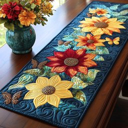 Butterfly Meadow Sunflowers and Red Blooms on Teal Table Runner - Made to Order TABLE928