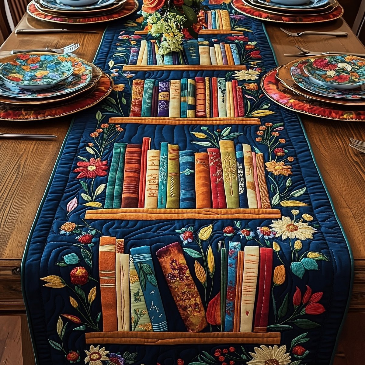 Bookshelf with Flowers on Navy Table Runner - Made to Order TABLE928