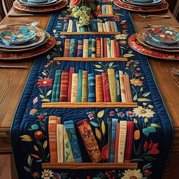 Bookshelf with Flowers on Navy Table Runner - Made to Order TABLE928