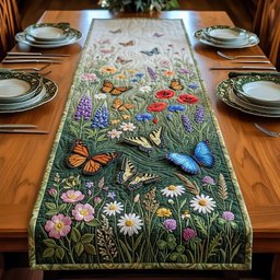 Butterflies and Wildflowers on Green Table Runner - Made to Order TABLE928