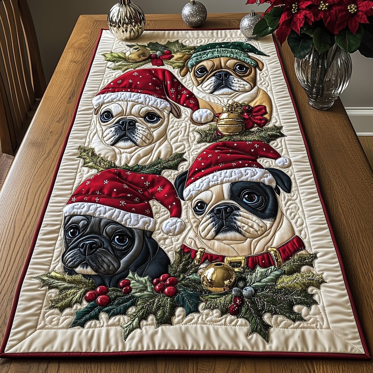 Bulldogs in Red Hats with Holly Table Runner - Made to Order TABLE928