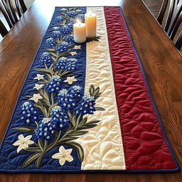 Bluebonnets on Cream and Red Table Runner - Made to Order TABLE928