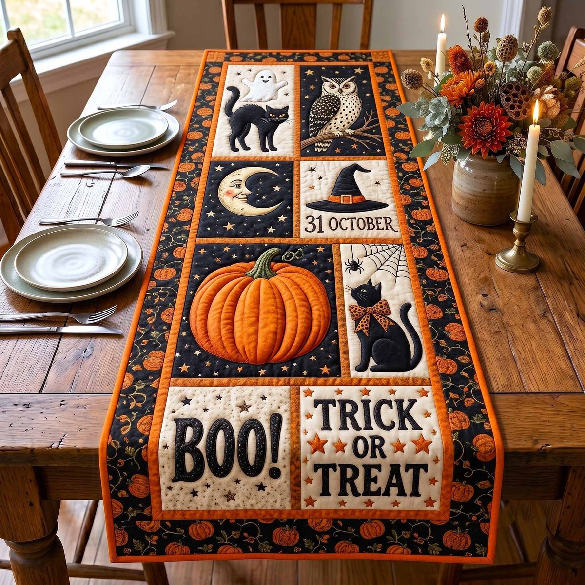 Boo Trick or Treat Black Cats Table Runner - Made to Order TABLE928