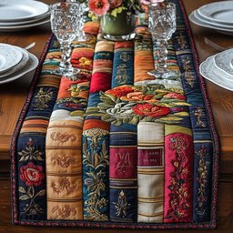 Book Spines with Red Poppies Table Runner - Made to Order TABLE928