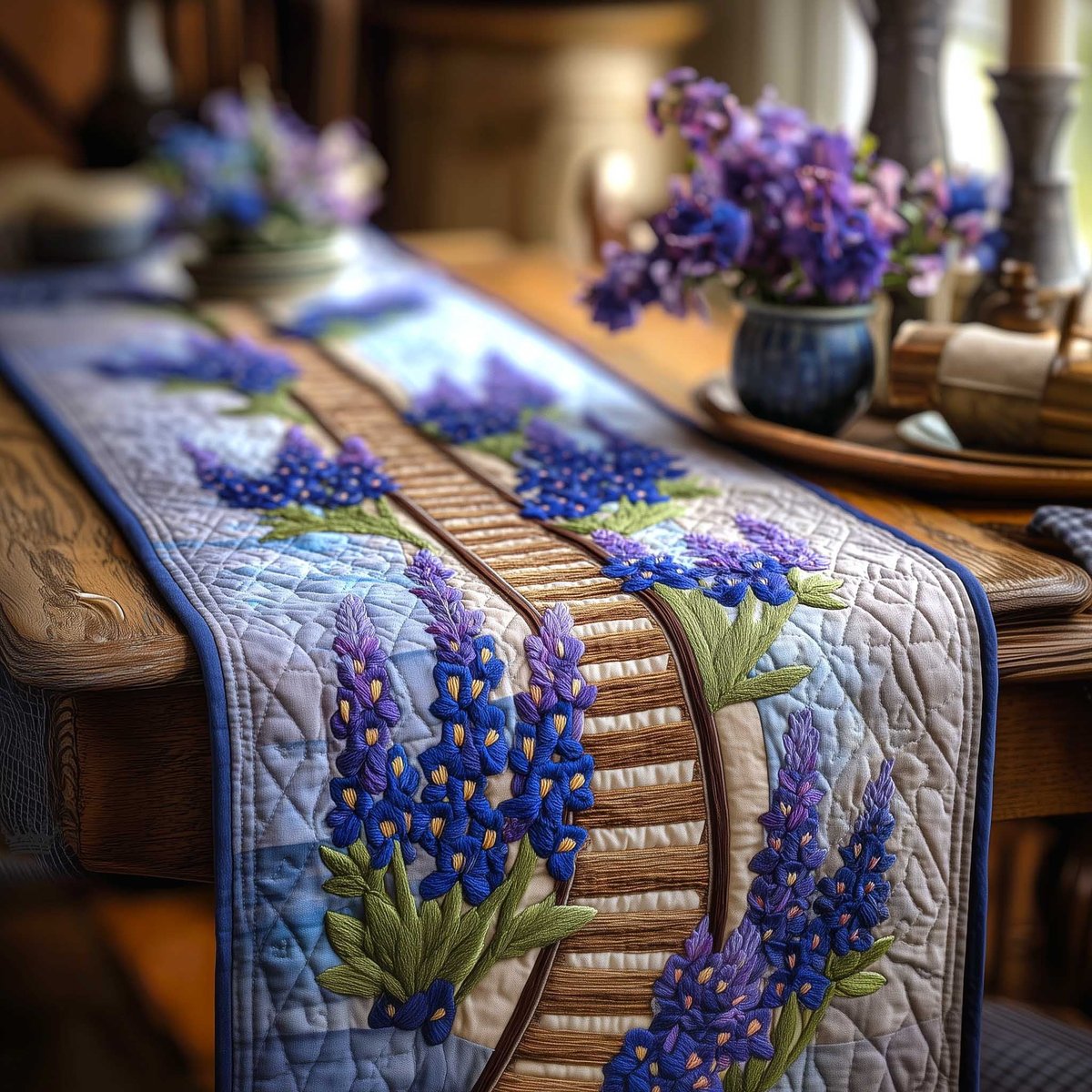 Bluebonnets Along a Wooden Track Table Runner - Made to Order TABLE928