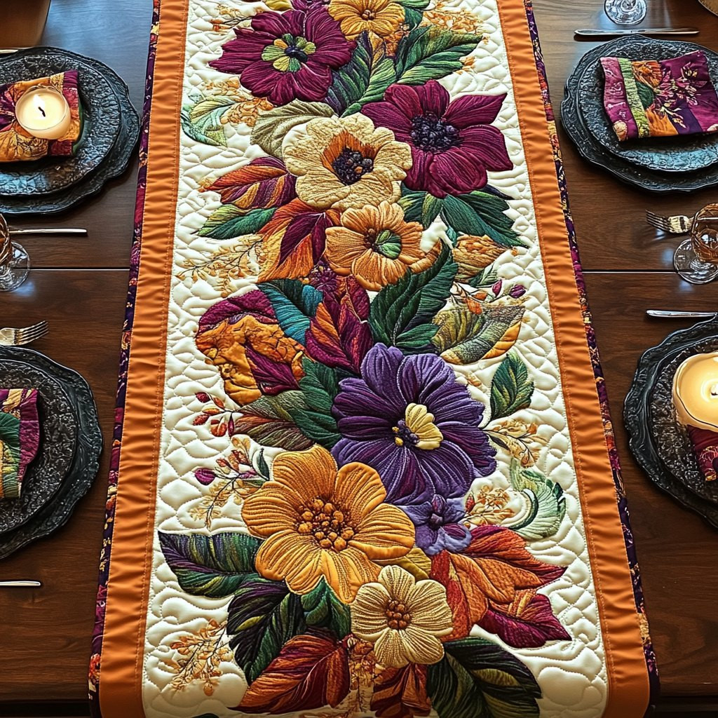 Bold Blooms with Orange Border Table Runner - Made to Order TABLE928