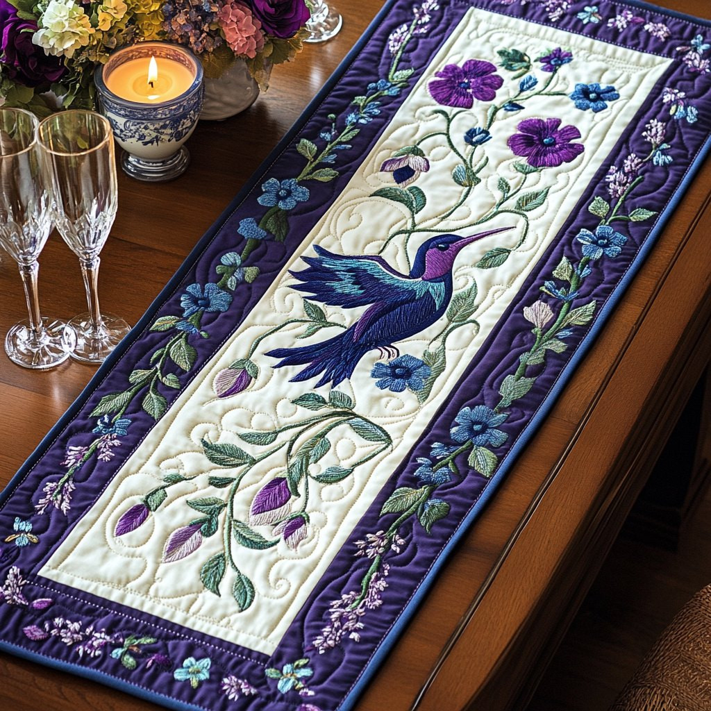 Bluebirds with Flowers on Cream Table Runner - Made to Order TABLE928