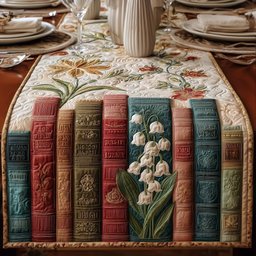 Book Spines Beside White Bell Flowers Table Runner - Made to Order TABLE928