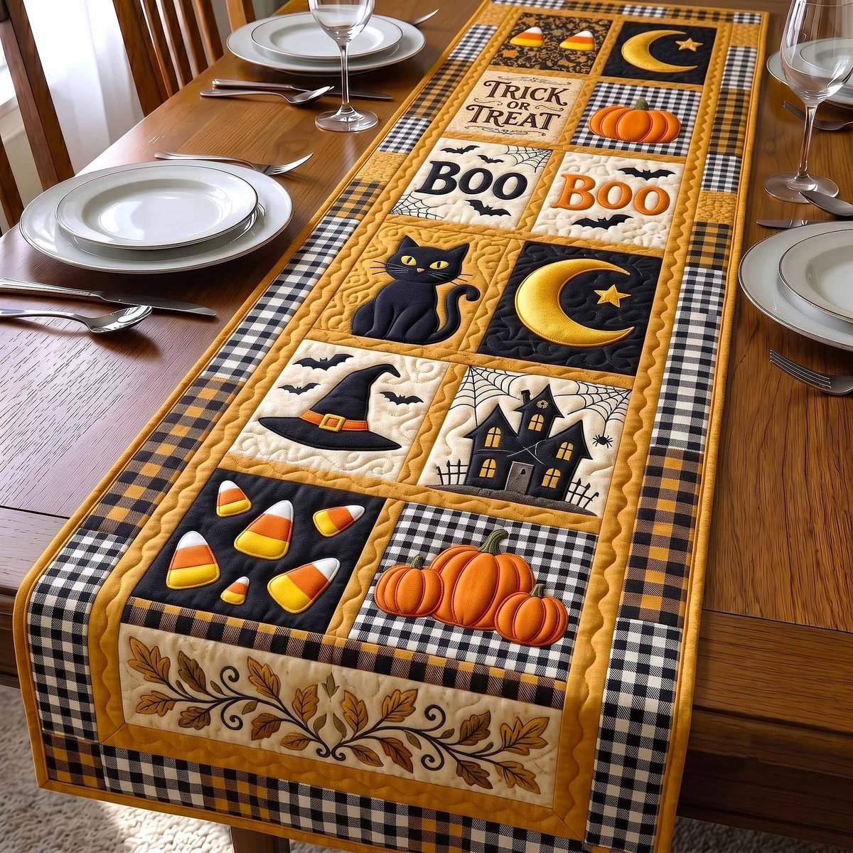 Boo Cat and Candy Corn Squares Table Runner - Made to Order TABLE928