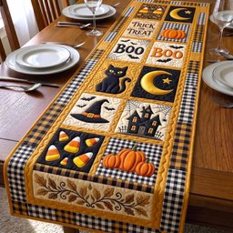 Boo Cat and Candy Corn Squares Table Runner - Made to Order TABLE928