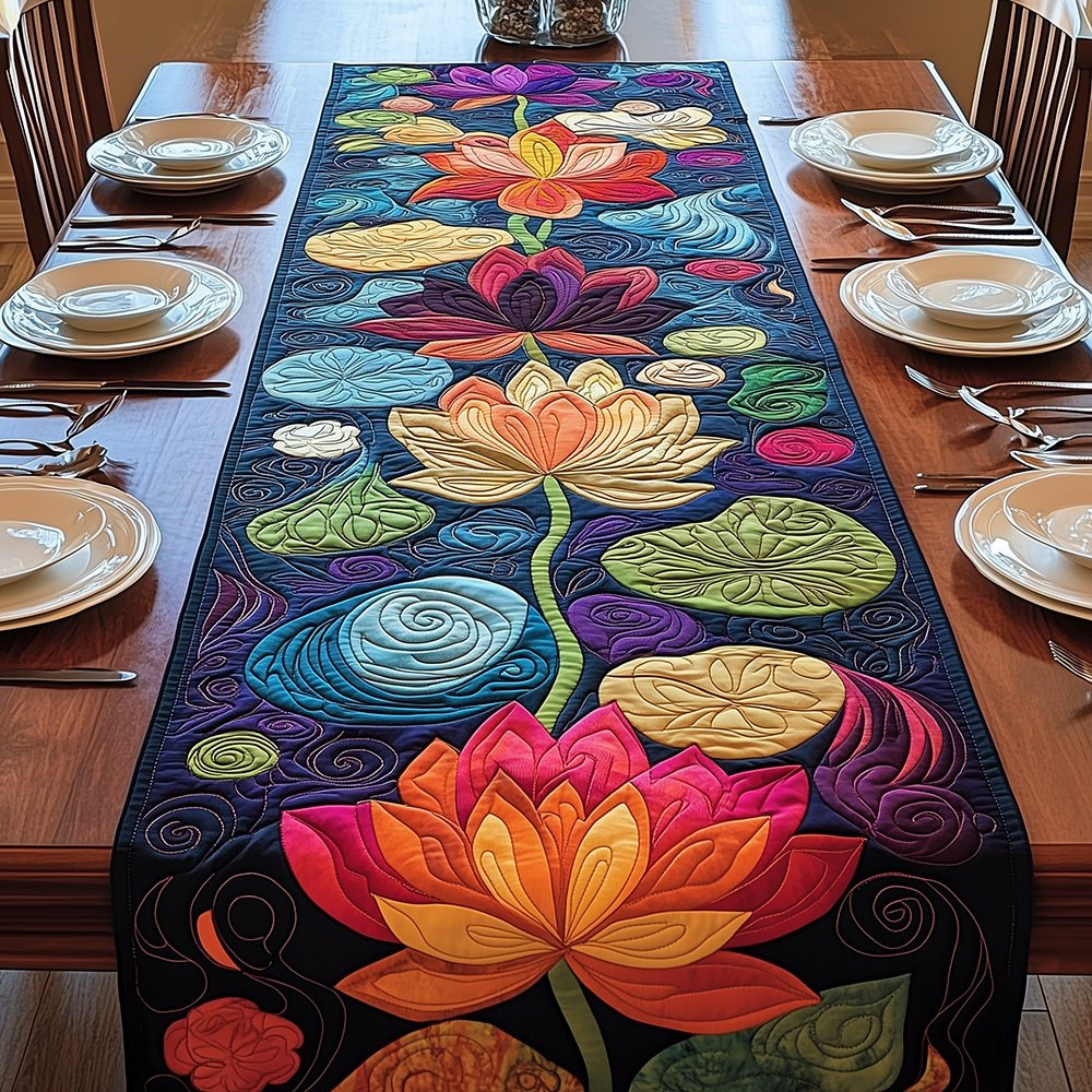 Bold Lotus Flowers on Dark Water Table Runner - Made to Order TABLE928