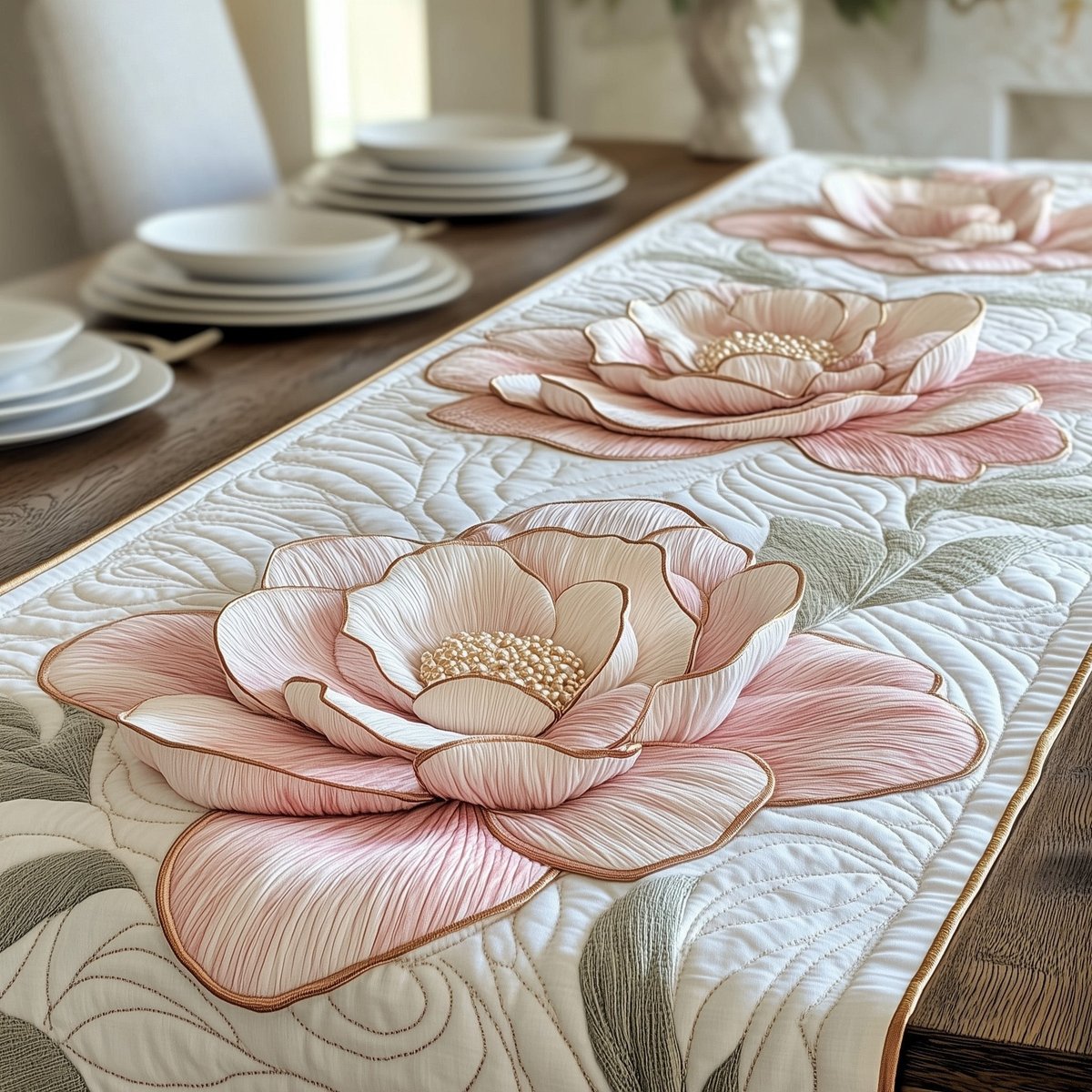 Blush Peony Blossoms on Cream Table Runner - Made to Order TABLE928