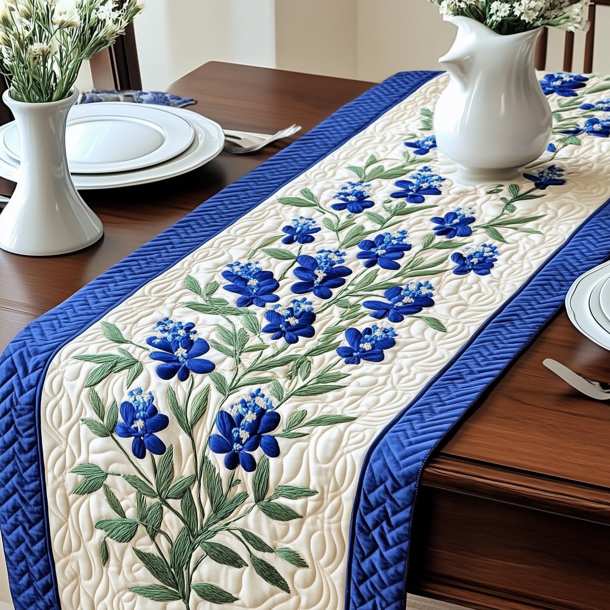 Bluebonnets with Braided Blue Border Table Runner - Made to Order TABLE928