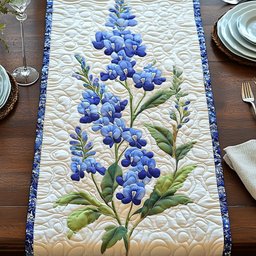 Bluebonnet Stalks on Cream with Blue Border Table Runner - Made to Order TABLE928