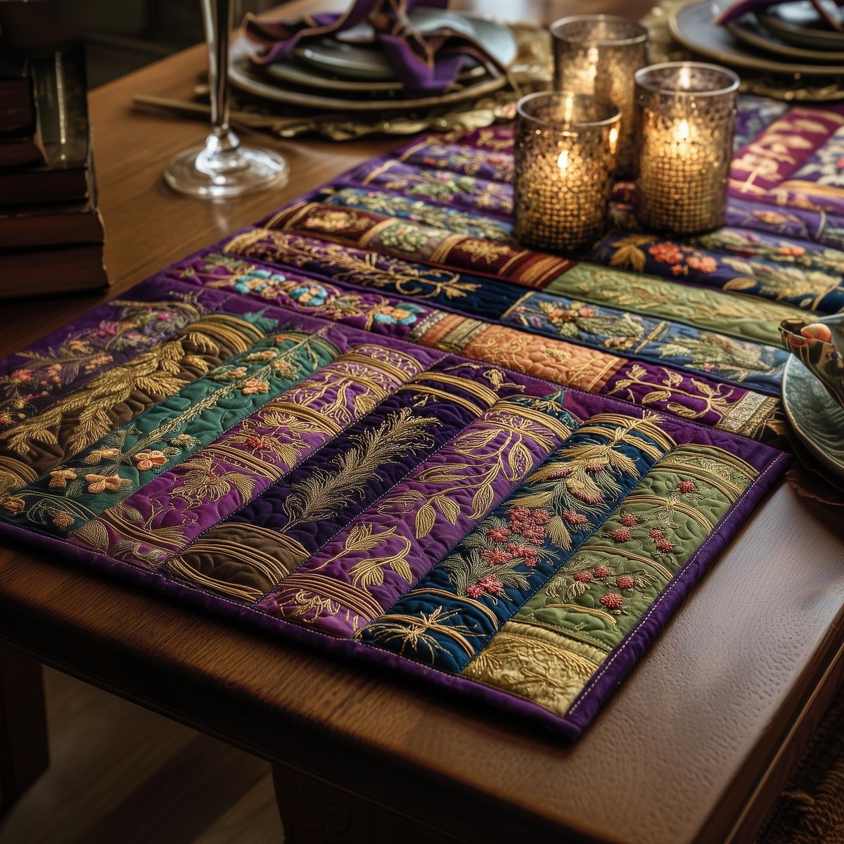 Books in Green and Purple Rows Table Runner - Made to Order TABLE928