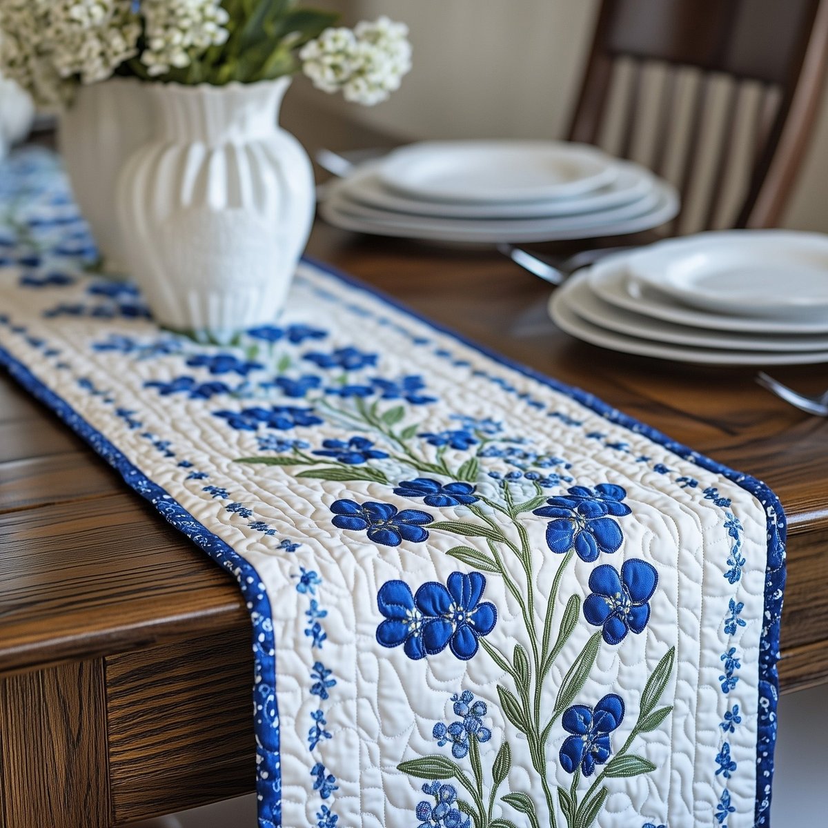 Bluebonnet Sprigs on White Panel Table Runner - Made to Order TABLE928