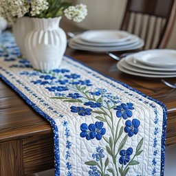 Bluebonnet Sprigs on White Panel Table Runner - Made to Order TABLE928