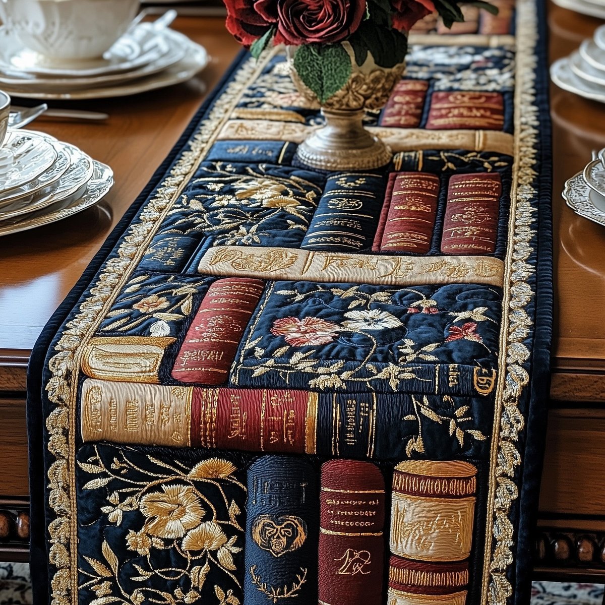 Book Stack with Navy Flowers Table Runner - Made to Order TABLE928