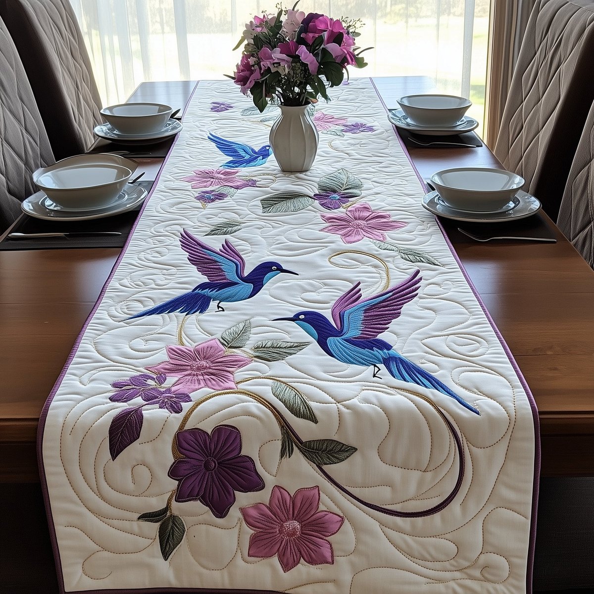 Bluebirds with Pink Flowers on Cream Table Runner - Made to Order TABLE928