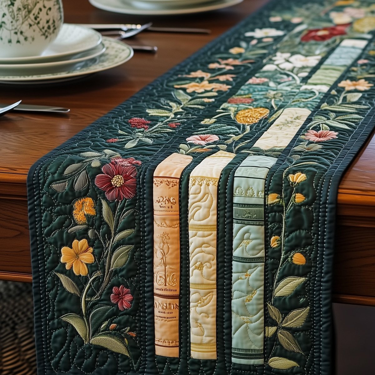 Book Spines and Flowers on Green Table Runner - Made to Order TABLE928