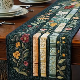 Book Spines and Flowers on Green Table Runner - Made to Order TABLE928