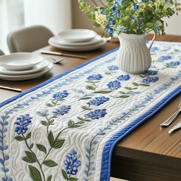 Bluebonnets on Cream with Green Leaves Table Runner - Made to Order TABLE928