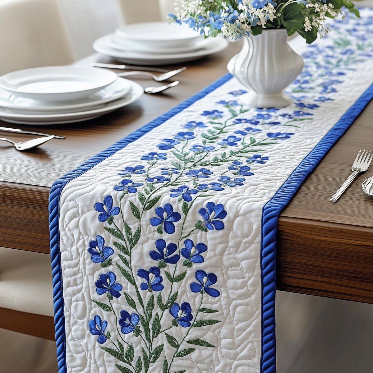 Bluebonnets on White with Blue Edge Table Runner - Made to Order TABLE928