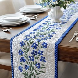 Bluebonnets on White with Blue Edge Table Runner - Made to Order TABLE928