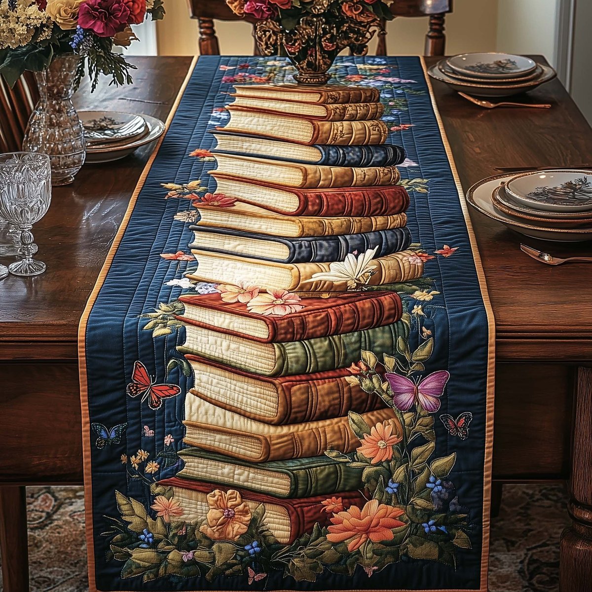 Book Tower with Autumn Flowers Table Runner - Made to Order TABLE928