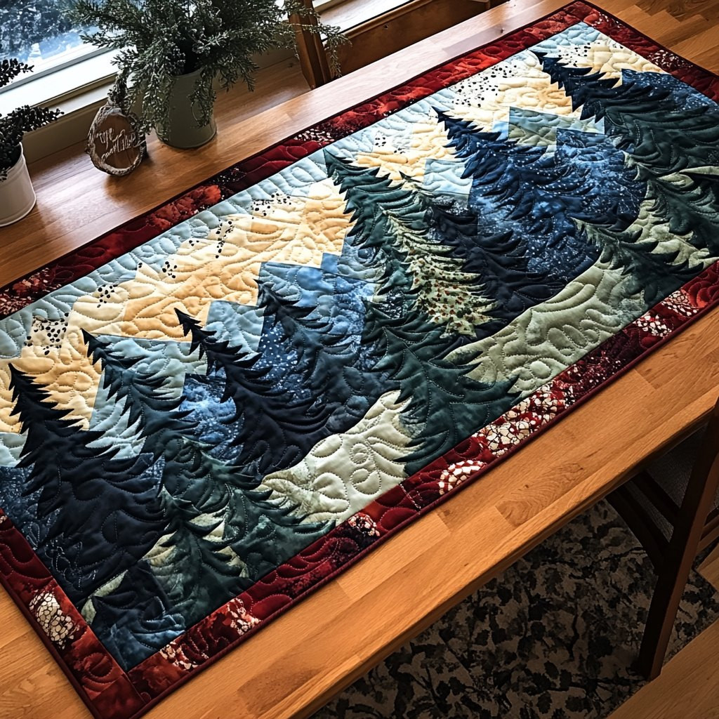 Blue Pines with Plaid Border Table Runner - Made to Order TABLE928