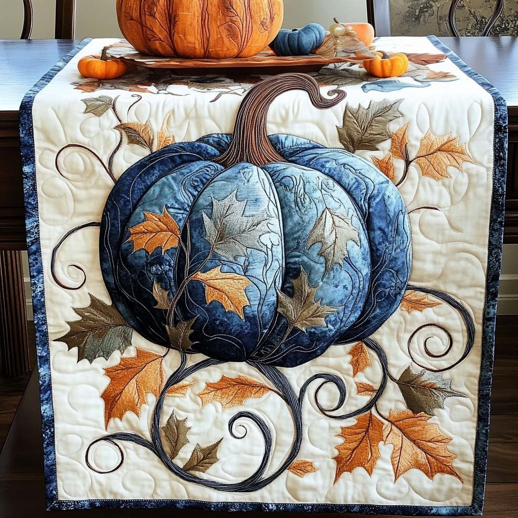 Blue Pumpkin with Autumn Leaves Table Runner - Made to Order TABLE928