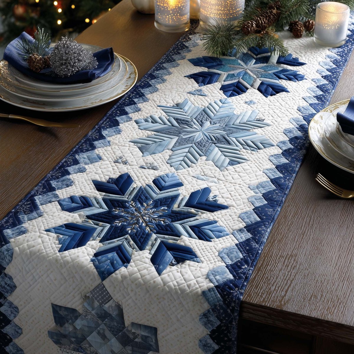 Blue Snowflake Star on White Table Runner - Made to Order TABLE928
