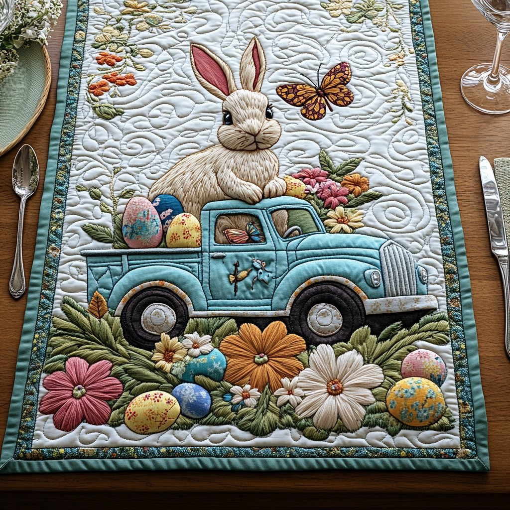 Blue Truck with Bunny and Eggs Table Runner - Made to Order TABLE928