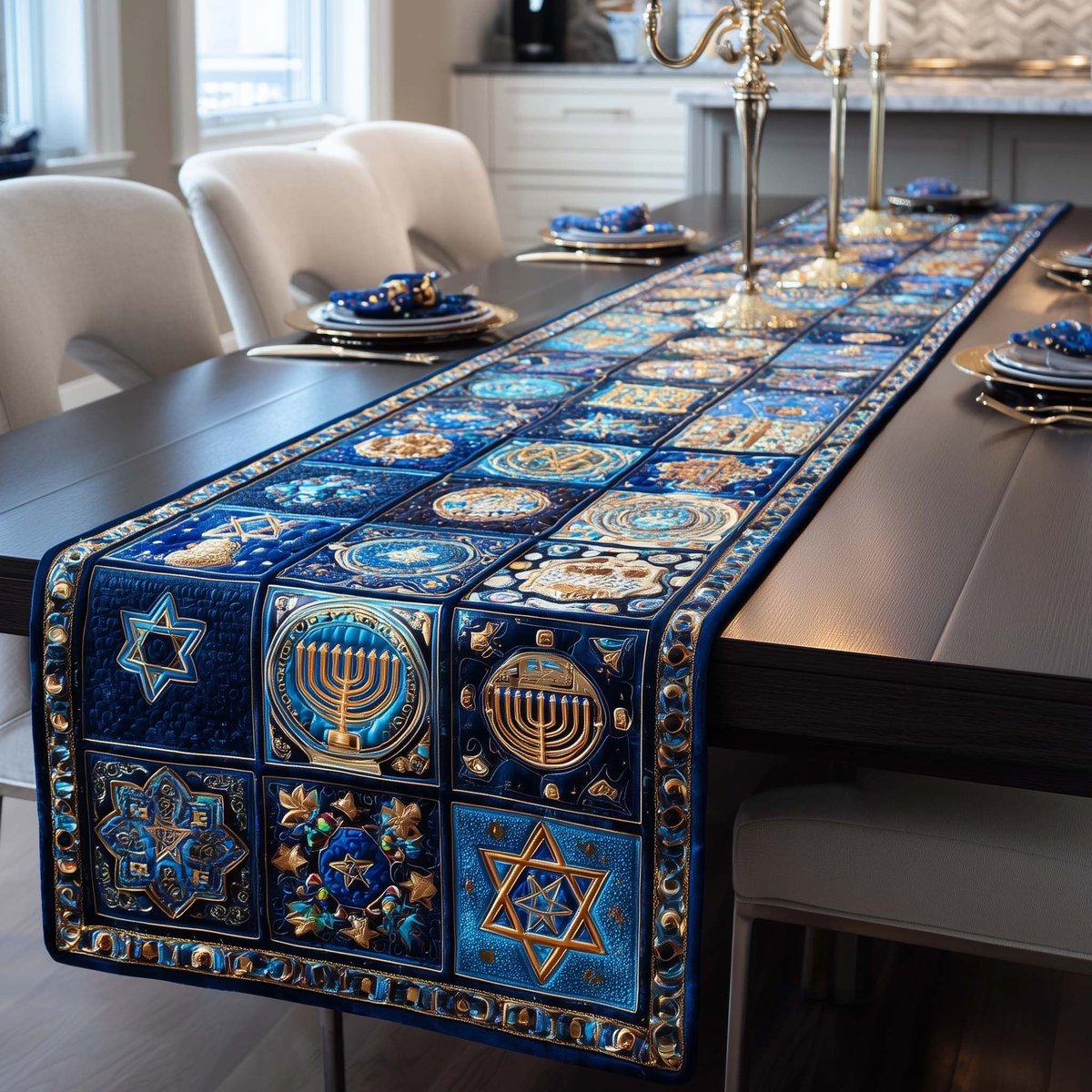 Blue Star of David and Menorah Tiles Table Runner - Made to Order TABLE928