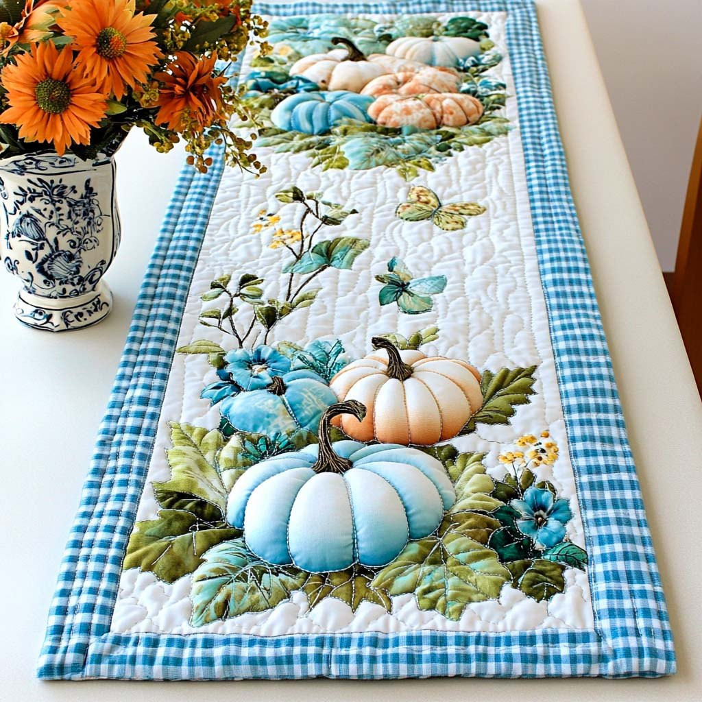 Blue Pumpkins with Butterflies and Gingham Table Runner - Made to Order TABLE928