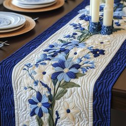 Blue Wildflowers on Ivory Panel Table Runner - Made to Order TABLE928