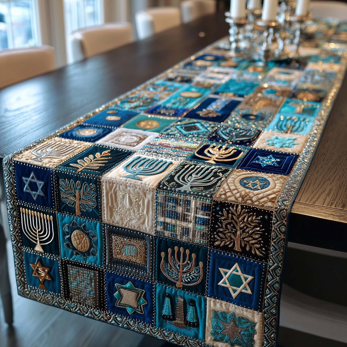 Blue Hanukkah Symbol Patchwork Table Runner - Made to Order TABLE928