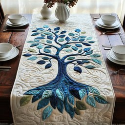 Blue Leaf Tree on Cream Table Runner - Made to Order TABLE928