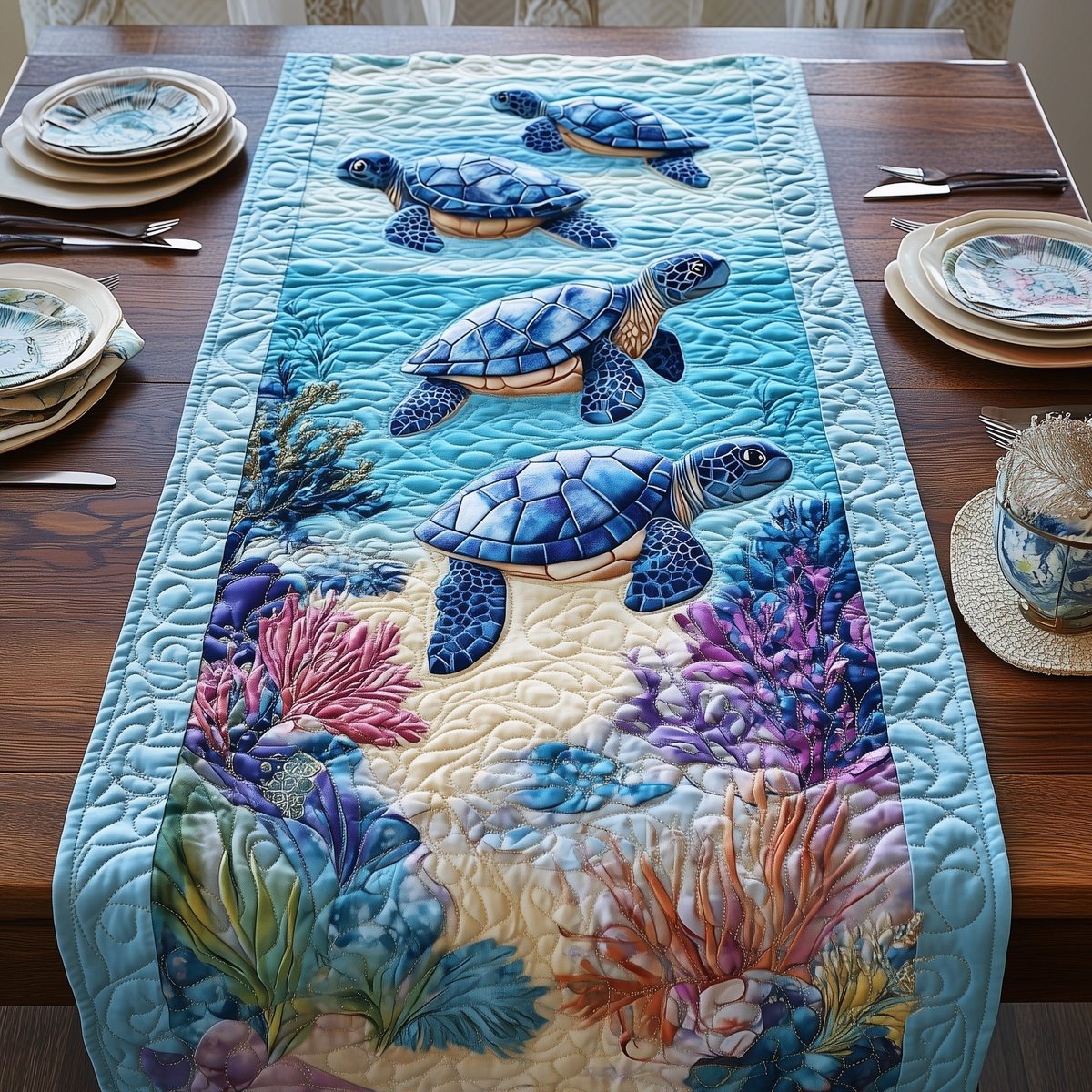 Blue Turtles Above Pink Coral Table Runner - Made to Order TABLE928