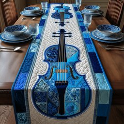 Blue Violin on Patchwork Panel Table Runner - Made to Order TABLE928