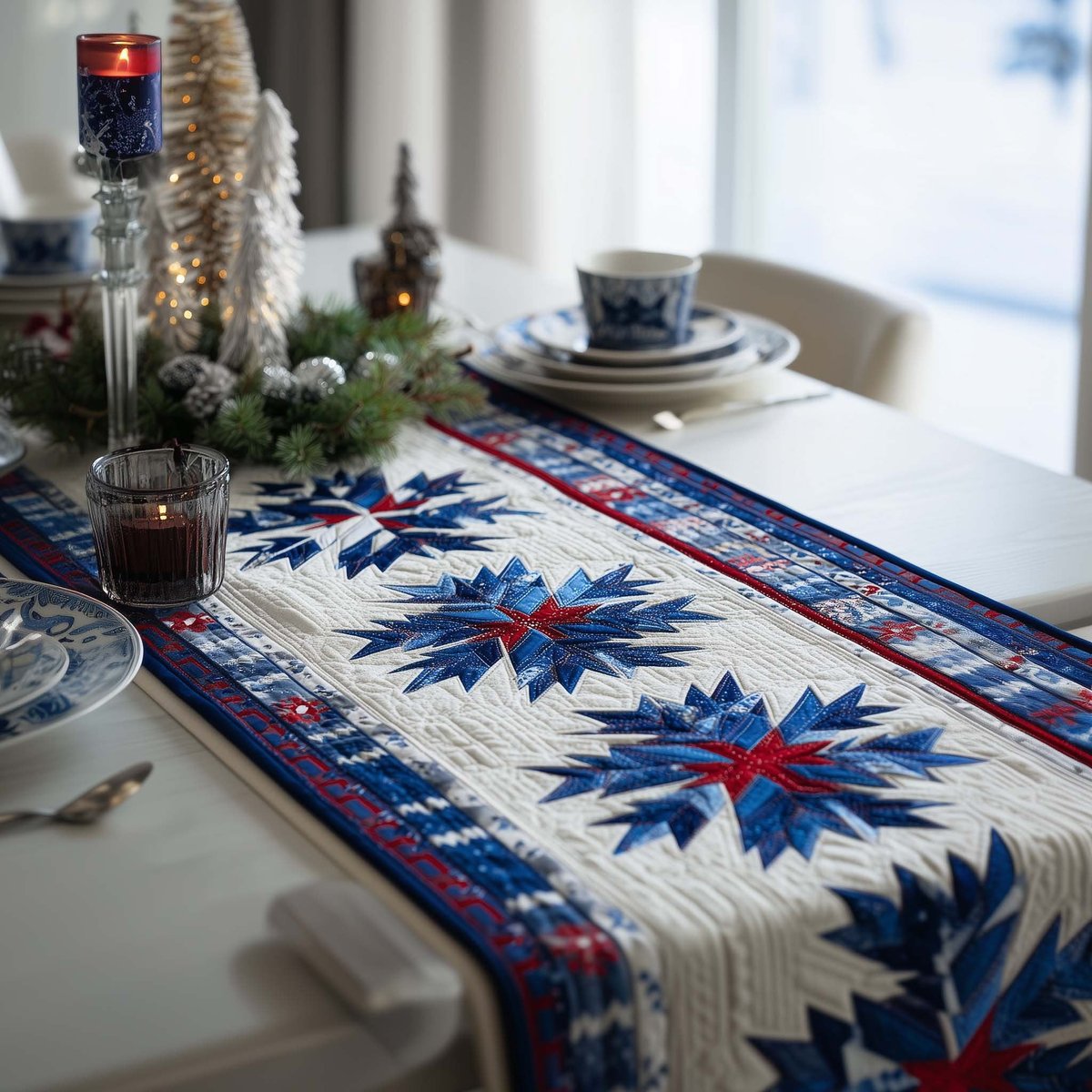 Blue Star Snowflakes on White Table Runner - Made to Order TABLE928
