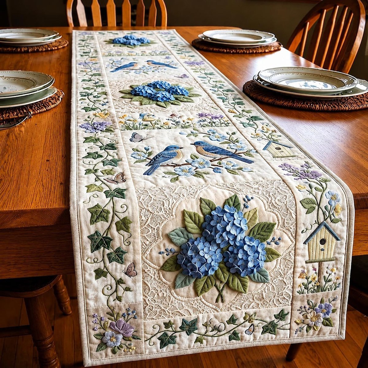 Bluebirds and Hydrangeas on Cream Table Runner - Made to Order TABLE928