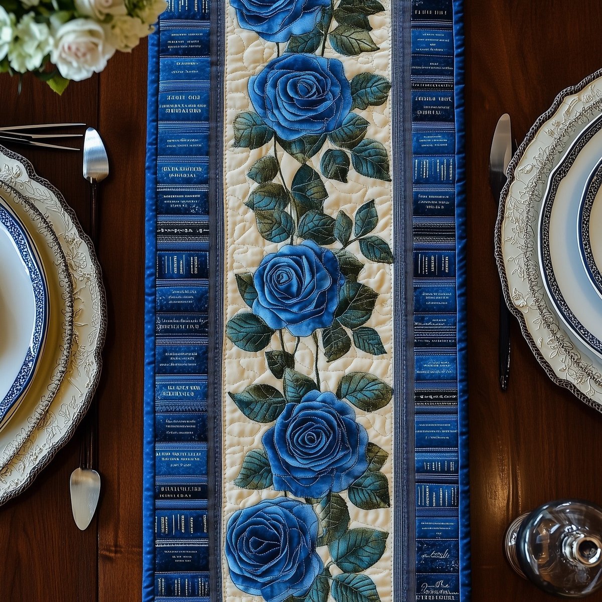 Blue Roses Among Blue Book Spines Table Runner - Made to Order TABLE928