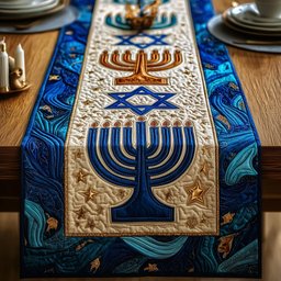 Blue Menorah on Cream Panel Table Runner - Made to Order TABLE928