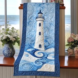 Blue Lighthouse on White Swirls Table Runner - Made to Order TABLE928