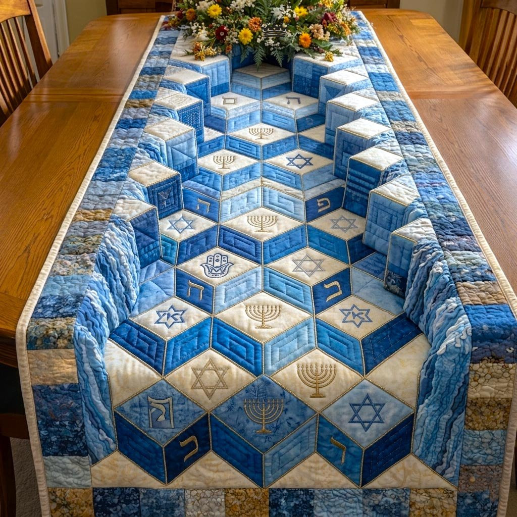 Blue Tumbling Blocks with Dreidels Table Runner - Made to Order TABLE928