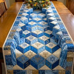 Blue Tumbling Blocks with Dreidels Table Runner - Made to Order TABLE928