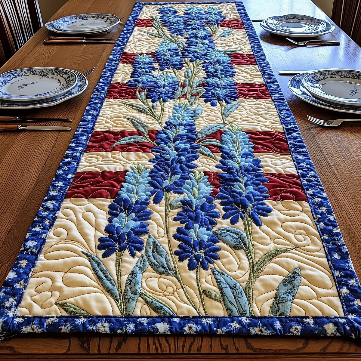 Blue Lupines on Cream and Red Table Runner - Made to Order TABLE928