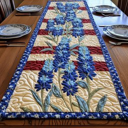 Blue Lupines on Cream and Red Table Runner - Made to Order TABLE928