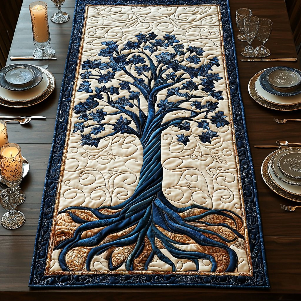 Blue Tree of Life on Cream Table Runner - Made to Order TABLE928